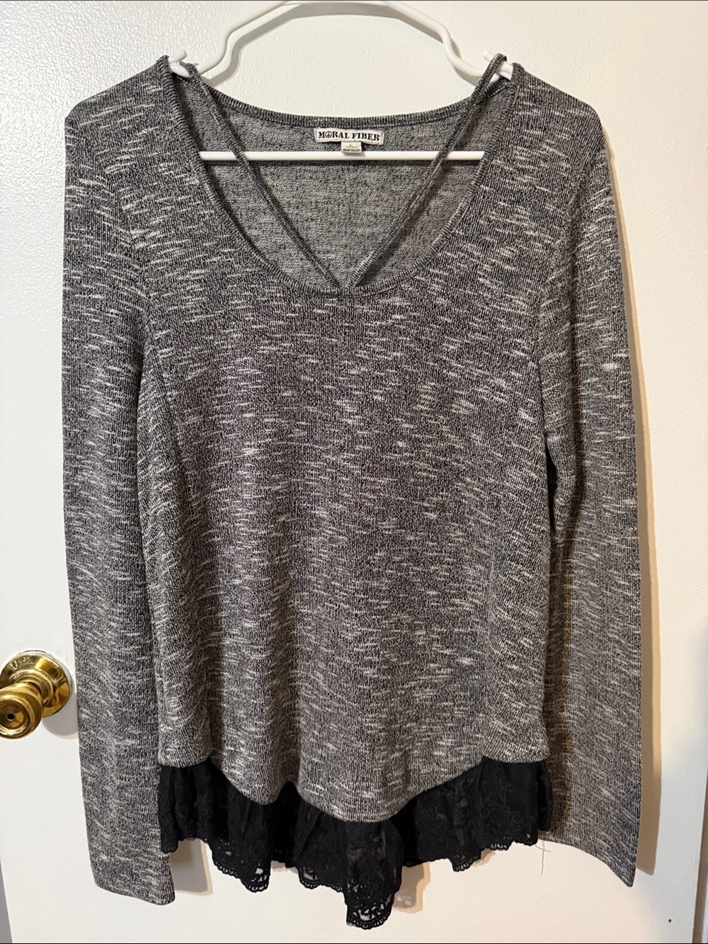 Moral Fiber Gray Heather V-Neck Sweater with Black Lace Trim